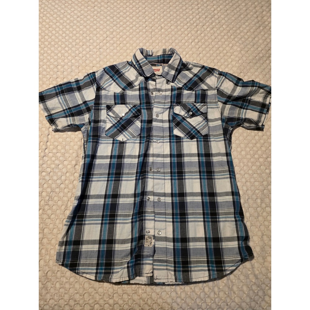 Levis‎ Western Shirt Mens Small Blue Plaid Pearl Snap Short Sleeve Excellent